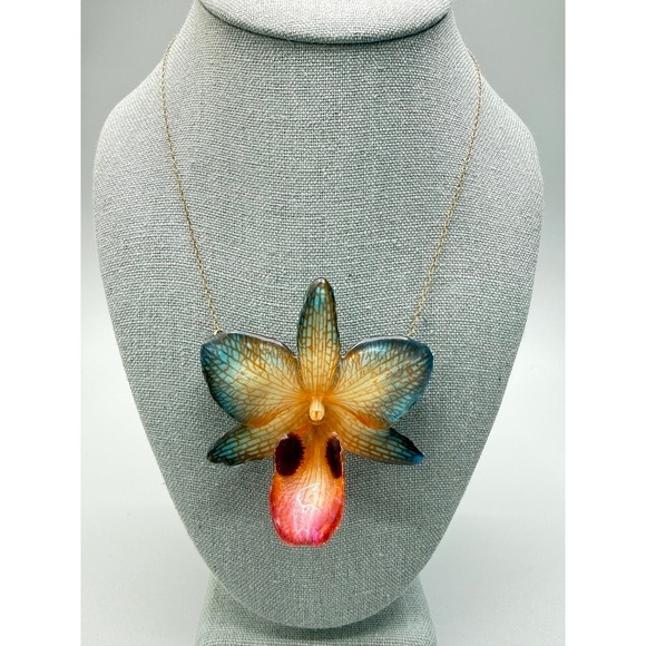 Estate Jewelry - Preserved Real Orchid Gold Filled Chain Choker Necklace 16" Colorful Floral Chic